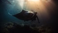 Men explore majestic sea life below, diving into tropical waters generated by AI