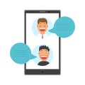 Men Face Avatars on Screen of Smartphone with Dialog Speech Bubbles, Social Media Networking Vector Illustration Royalty Free Stock Photo