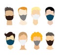Men face collection without eyes with a medical mask. Vector boys avatar set with different hair style. Flat concept to