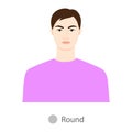 Men face round shape type with text diagram. Male Vector illustration in cartoon style in the magenta shirt 9 head size