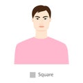 Men face square shape type with text diagram. Male Vector illustration in cartoon style in the pink shirt 9 head size