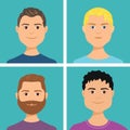 Men faces set. Cartoon male heads isolated on blue. Vector illustration of boys with different hair colors.