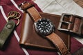 Men fashion and accessories, Wrist watch with brown leather strap, Stylish men stuff, Diving watch Royalty Free Stock Photo