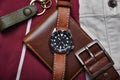 Men fashion and accessories, Wrist watch with brown leather strap, Stylish men stuff, Diving watch Royalty Free Stock Photo