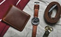 Men fashion and accessories, Wrist watch with brown leather strap, Stylish men stuffÃ Â¹Æ Royalty Free Stock Photo