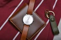 Men fashion and accessories, Wrist watch with brown leather strap, Stylish men stuff, Fashion watch Royalty Free Stock Photo