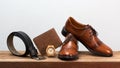 Men fashion belt and fotwear leather men shoes. Royalty Free Stock Photo