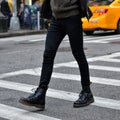 Men fashion concept. Man wear black stylish leather boots and walk outdoors.Ã¢â¬Â¨