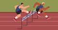 Men fast run hurdle race in the stadium, Athletic Steeplechase competition, vector runners athletes through obstacles Royalty Free Stock Photo