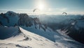 Men flying high up in the blue, paragliding over mountains generated by AI Royalty Free Stock Photo