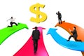 Men on four color arrows go toward golden dollar sign Royalty Free Stock Photo