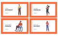 Men with Fracture Landing Page Template Set. Male Characters with Broken Legs and Arms Wear Bandage or Drive Wheelchair