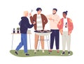 Men friends at bbq party outdoors. Guys gathering for barbeque on summer holiday. People relaxing, cooking barbecue Royalty Free Stock Photo