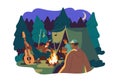 Men friends in camp, sitting by night campfire at tent in nature, forest. Happy people relaxing by bonfire at campsite