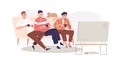 Men friends with consoles playing video game on TV. Happy guys gamers with controllers joysticks, sitting on sofa during