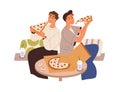 Men friends eating pizza together, sitting at table in pizzeria. Happu guys couple enjoying fast food, relaxing. People