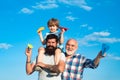 Men generation. Generation of people and stages of growing up. Father and son enjoying outdoor. Father and son with Royalty Free Stock Photo