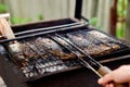Men grilling fish mackerel on barbecue cooked on the grill in the open air flow, tasty and fresh food, picnic, party, outdoor recr