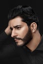 Men Hair Beauty. Handsome Male Model Touching Healthy Hair Royalty Free Stock Photo