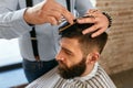 Men Haircut. Barber Cutting Man`s Hair In Barber Shop Royalty Free Stock Photo