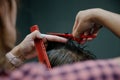 Men haircut. hairdressing tools. hair cutting with scissors close-up