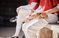 Men, hands or baseball glove on team, sports or stadium bench for game, match or teamwork challenge. Softball, athlete Royalty Free Stock Photo