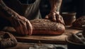 Men hands craft homemade bread, using rustic equipment and flour generated by AI