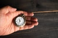 Men hands hold a pocket watch and a black background Royalty Free Stock Photo