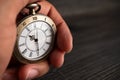 Men hands hold a pocket watch and a black background Royalty Free Stock Photo