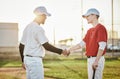 Men, handshake or baseball player on field, sports or stadium grass in good luck, welcome or thank you. Smile, happy or Royalty Free Stock Photo