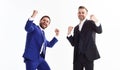 Men happy emotional celebrate profitable deal. Launch own business. Business success. Business partners celebrate Royalty Free Stock Photo