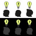 Men heads with light bulb idea symbols