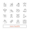 Men health thin line icons. Fitness equipment, male medicine, active lifestyle, healthy diet, prostate cancer awareness.