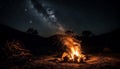 Men hiking mountain, campfire glowing in dark generated by AI