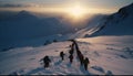 Men hiking mountain range, enjoying winter adventure in back country skiing generated by AI