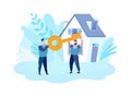 Men Hold Hands Key on Background House. Vector. Royalty Free Stock Photo