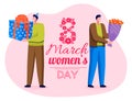 Womens Day Celebration Men with Presents Vector