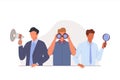 Men holding magnifying glasses, binoculars and megaphone. Concept of search goal, idea, employees, strategy, business Royalty Free Stock Photo