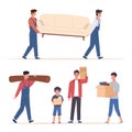 Men household. Male characters carry heavy sofa, carpet and boxes. Father and son together, spring cleaning. Preparing