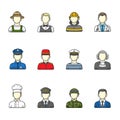 Men icons. Set of different male professions. Color outlined icon collection.