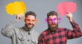 Men joking. Share opinion speech bubble copy space. Comic and humor sense. Men with beard and mustache mature hipster Royalty Free Stock Photo