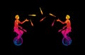 Men juggling pins while cycling together Royalty Free Stock Photo