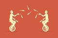 Men juggling pins while cycling together Royalty Free Stock Photo