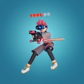 men jump use VR holding swords and guns. Play the game on the Earth of Metaverse. To receive Awards ,portrait, 3D, Render,