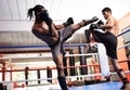 Men, kickboxing and performance for fight in ring, fitness and topless for exercise and workout. People, action and Royalty Free Stock Photo