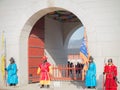 Men in Korean soldier costume around Gyeongbokgung palace in Royalty Free Stock Photo