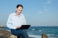 Men with laptop on the beach Royalty Free Stock Photo