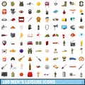 100 men leisure icons set, cartoon style