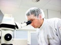 The men looks in stereomicroscope eyepieces Royalty Free Stock Photo