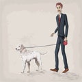 Men male person human people suit jacket shoes tie hold hand walking a dog pet leash labrador breed business vector retro vintage